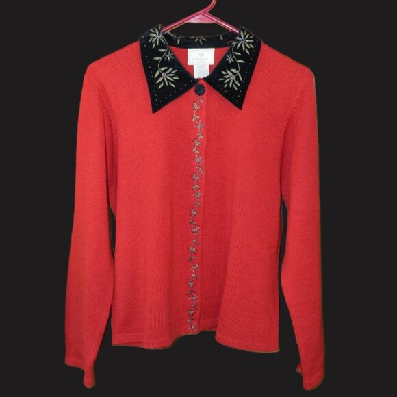 Vtg Susan Bristol Red Cardigan Sweater Embroidered Black Collar Size Large - Picture 1 of 12